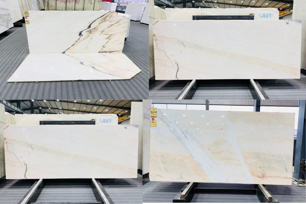 Michelangelo Marble slab with elegant white background and natural grey and beige veining