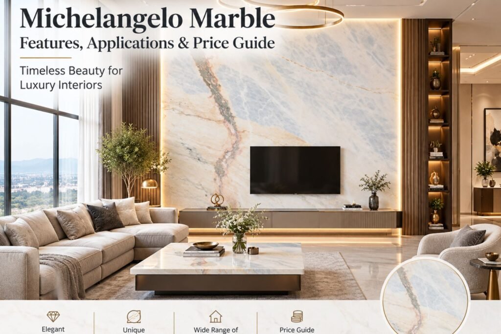 Luxury living room featuring Michelangelo Marble feature wall with elegant natural veining